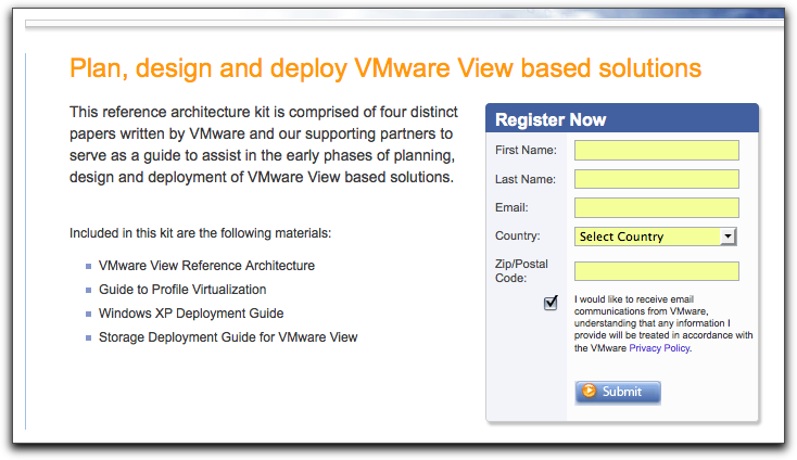 VMware View Architecture Guide Registration Screen